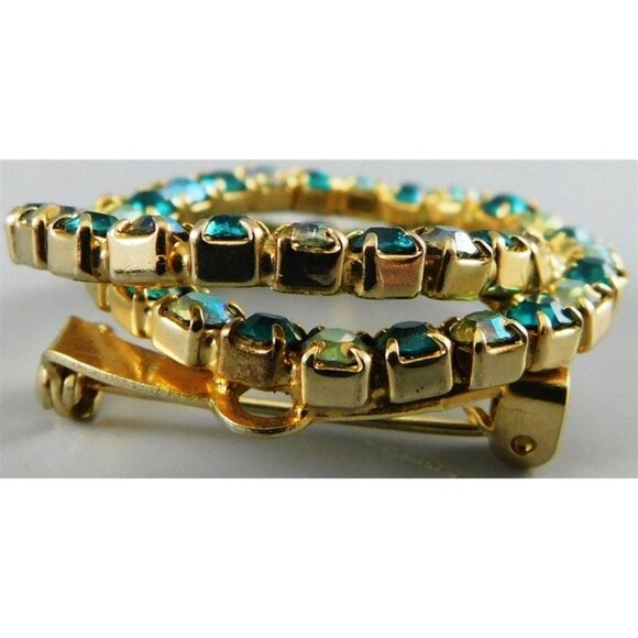 7/773 Vintage Double Ring Green / Blue Rhinestone Brooch Gold Tone 1.5 inches - Picture 3 of 3